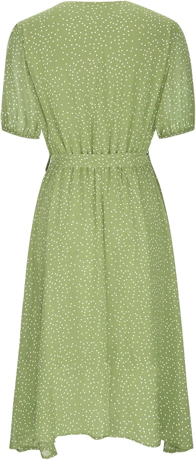 Women's 2024 Summer Casual Boho Sundress Polka Dot Short Sleeve V Neck Flowy Midi Dresses Chiffon Beach Dress