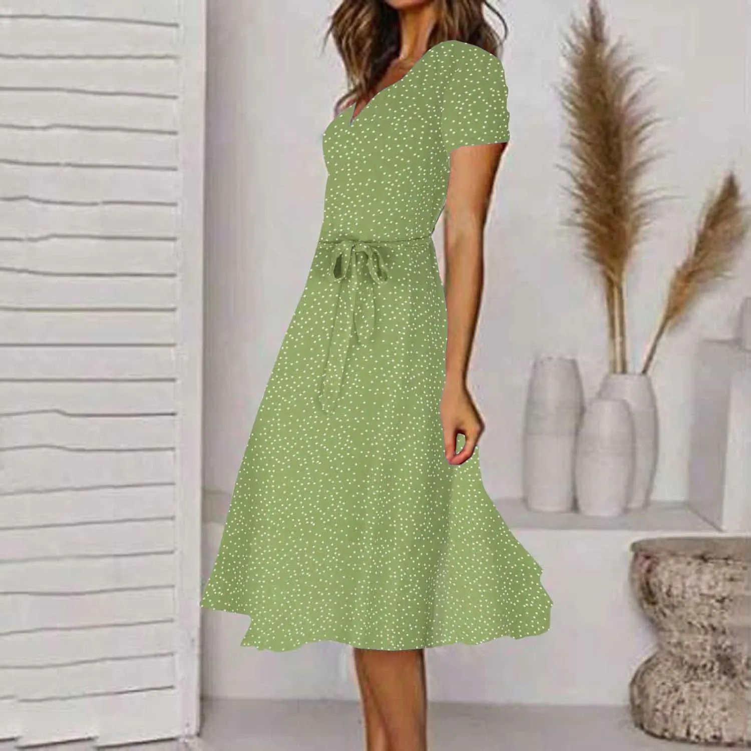 Women's 2024 Summer Casual Boho Sundress Polka Dot Short Sleeve V Neck Flowy Midi Dresses Chiffon Beach Dress