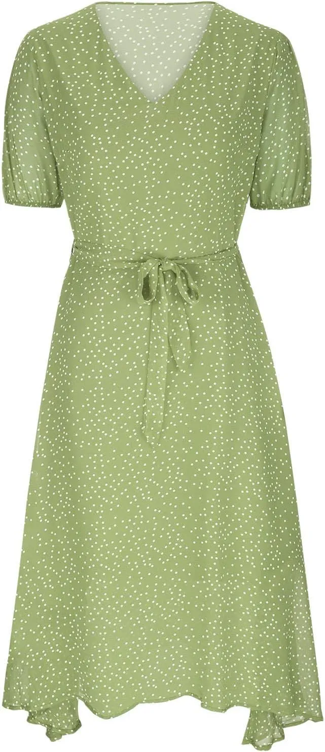Women's 2024 Summer Casual Boho Sundress Polka Dot Short Sleeve V Neck Flowy Midi Dresses Chiffon Beach Dress