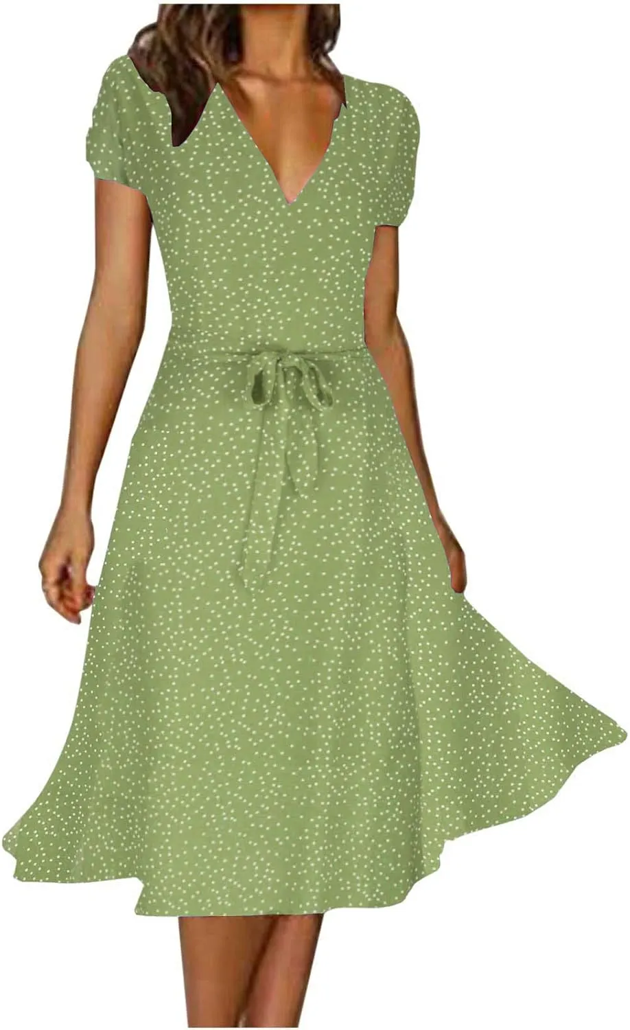 Women's 2024 Summer Casual Boho Sundress Polka Dot Short Sleeve V Neck Flowy Midi Dresses Chiffon Beach Dress