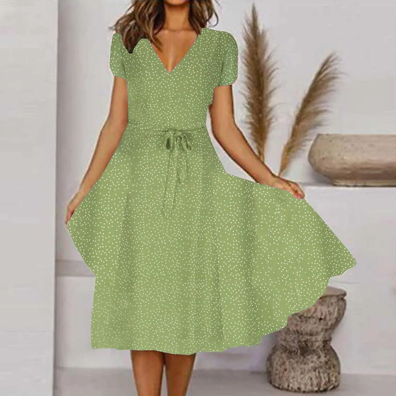 Women's 2024 Summer Casual Boho Sundress Polka Dot Short Sleeve V Neck Flowy Midi Dresses Chiffon Beach Dress