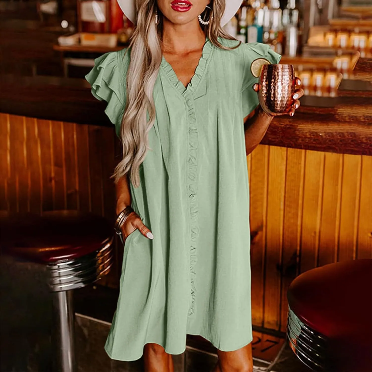 Womens 2024 Summer Tshirt Dresses Casual V-Neck Ruffle Cap Short Sleeve Mini Dress Loose Pleated Beach Sundress