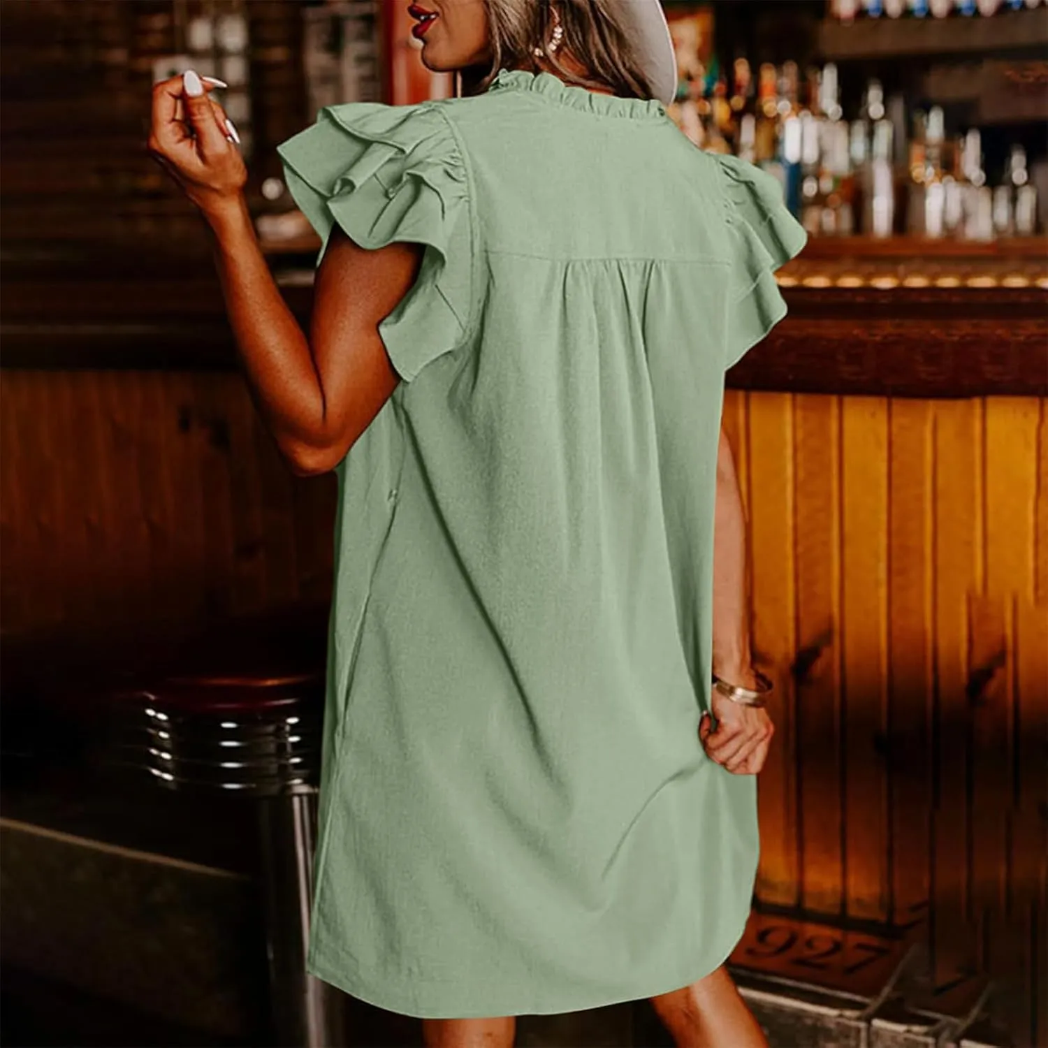 Womens 2024 Summer Tshirt Dresses Casual V-Neck Ruffle Cap Short Sleeve Mini Dress Loose Pleated Beach Sundress