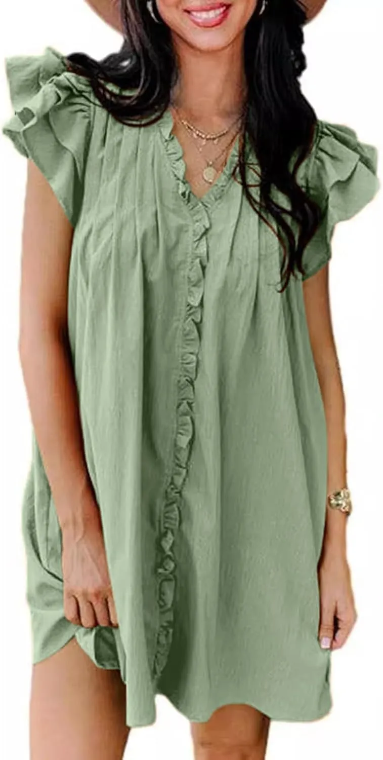 Womens 2024 Summer Tshirt Dresses Casual V-Neck Ruffle Cap Short Sleeve Mini Dress Loose Pleated Beach Sundress
