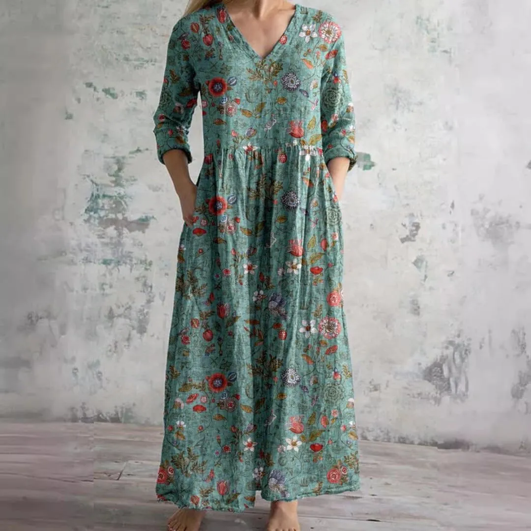 Women's Boho Floral Long Sleeve V Neck Maxi Dress Bohemian Baggy Oversized Casual Loose Dresses with Pockets