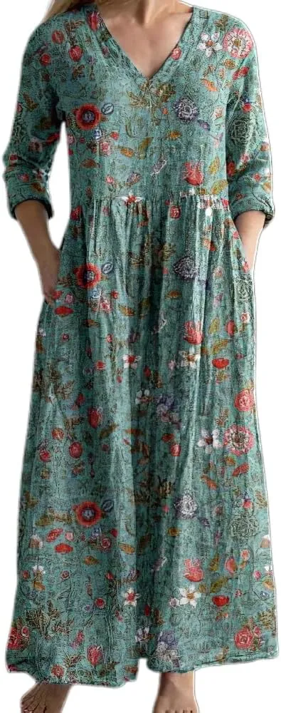 Women's Boho Floral Long Sleeve V Neck Maxi Dress Bohemian Baggy Oversized Casual Loose Dresses with Pockets