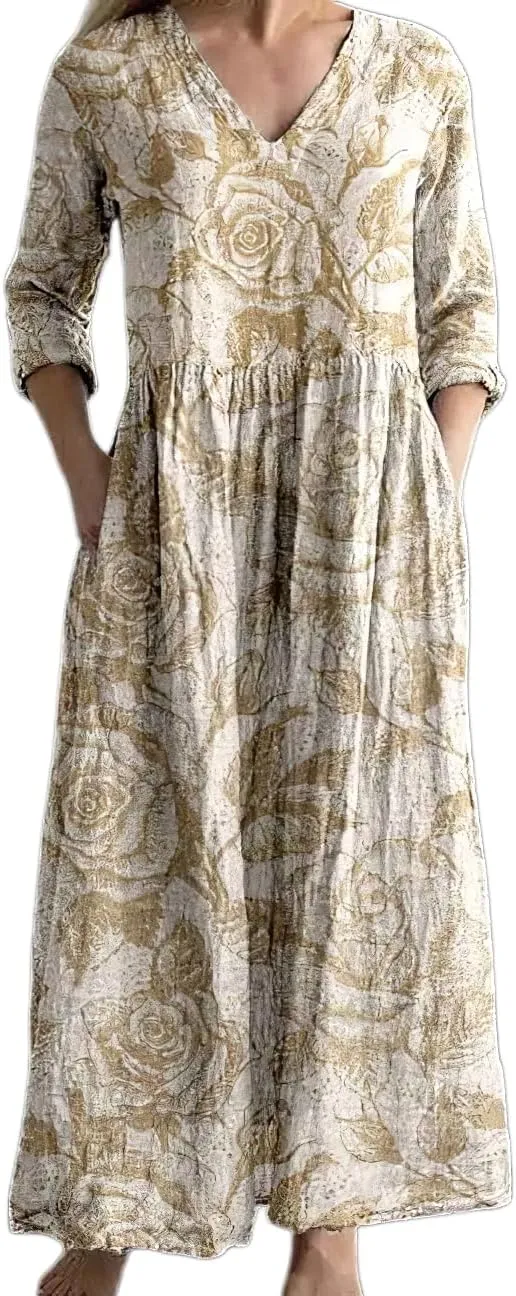 Women's Boho Floral Long Sleeve V Neck Maxi Dress Bohemian Baggy Oversized Casual Loose Dresses with Pockets