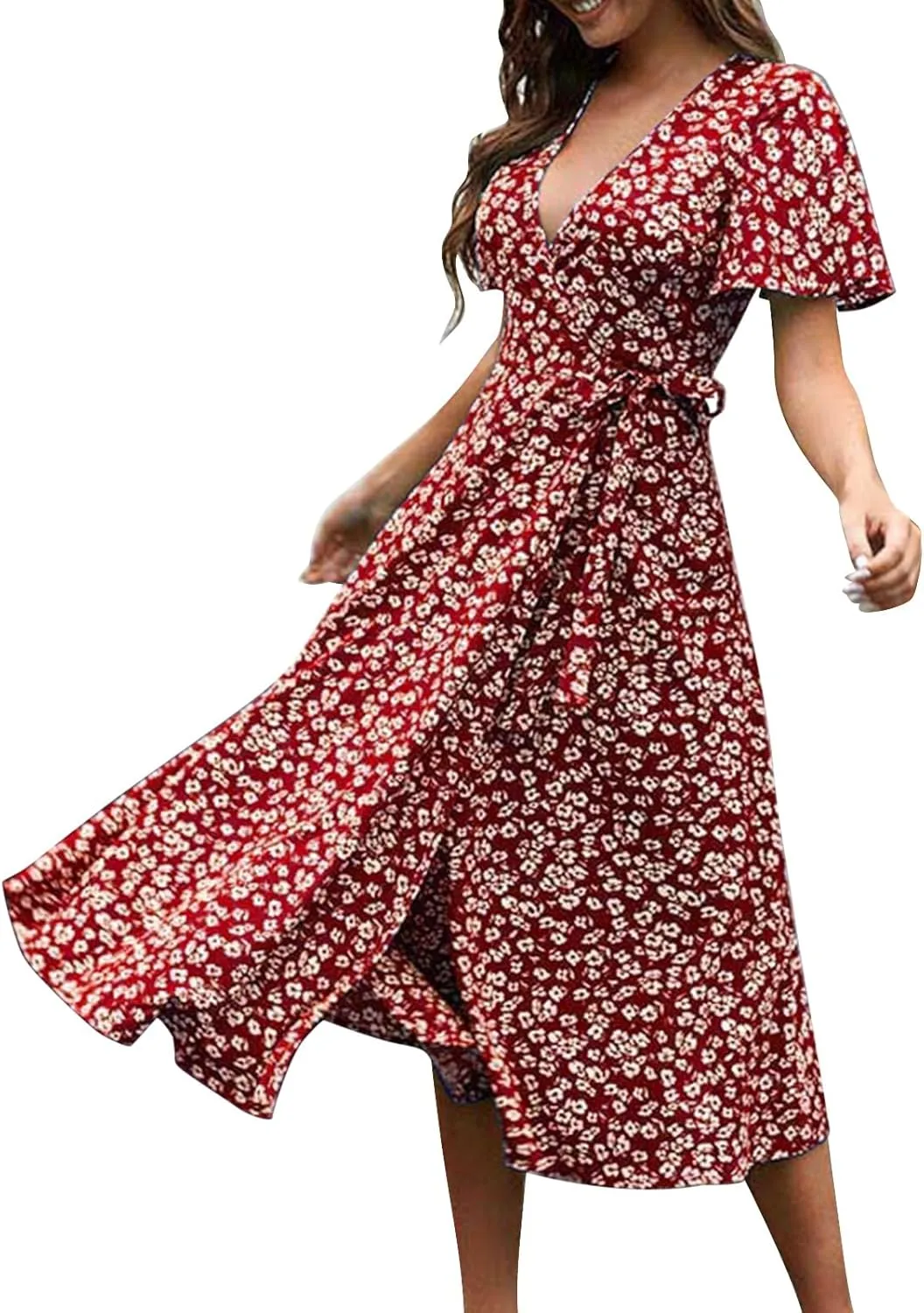 Womens Boho Floral Printed Chiffon Tiered Flowy Dresses Elegant V Neck Belted Summer Wedding Prom Cocktail Midi Dress