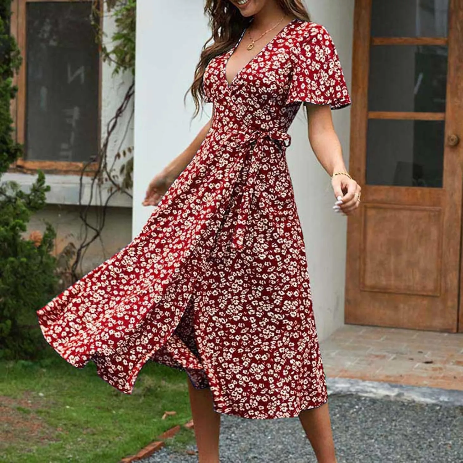 Womens Boho Floral Printed Chiffon Tiered Flowy Dresses Elegant V Neck Belted Summer Wedding Prom Cocktail Midi Dress