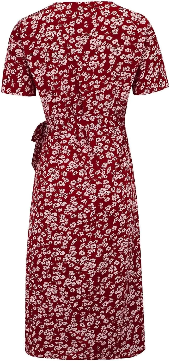 Womens Boho Floral Printed Chiffon Tiered Flowy Dresses Elegant V Neck Belted Summer Wedding Prom Cocktail Midi Dress