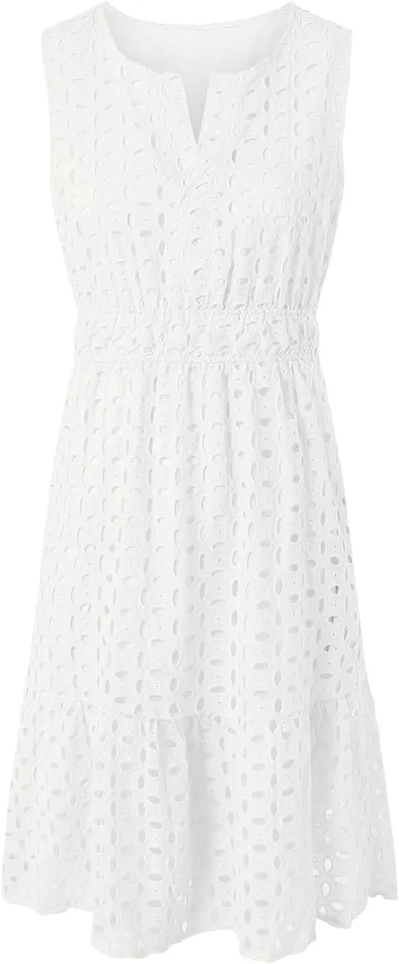 Womens Boho Summer Dresses 2025 Resort V Neck Short Sleeve Hollow Out Lace Ruffle Casual Beach Mini Vacation Dress