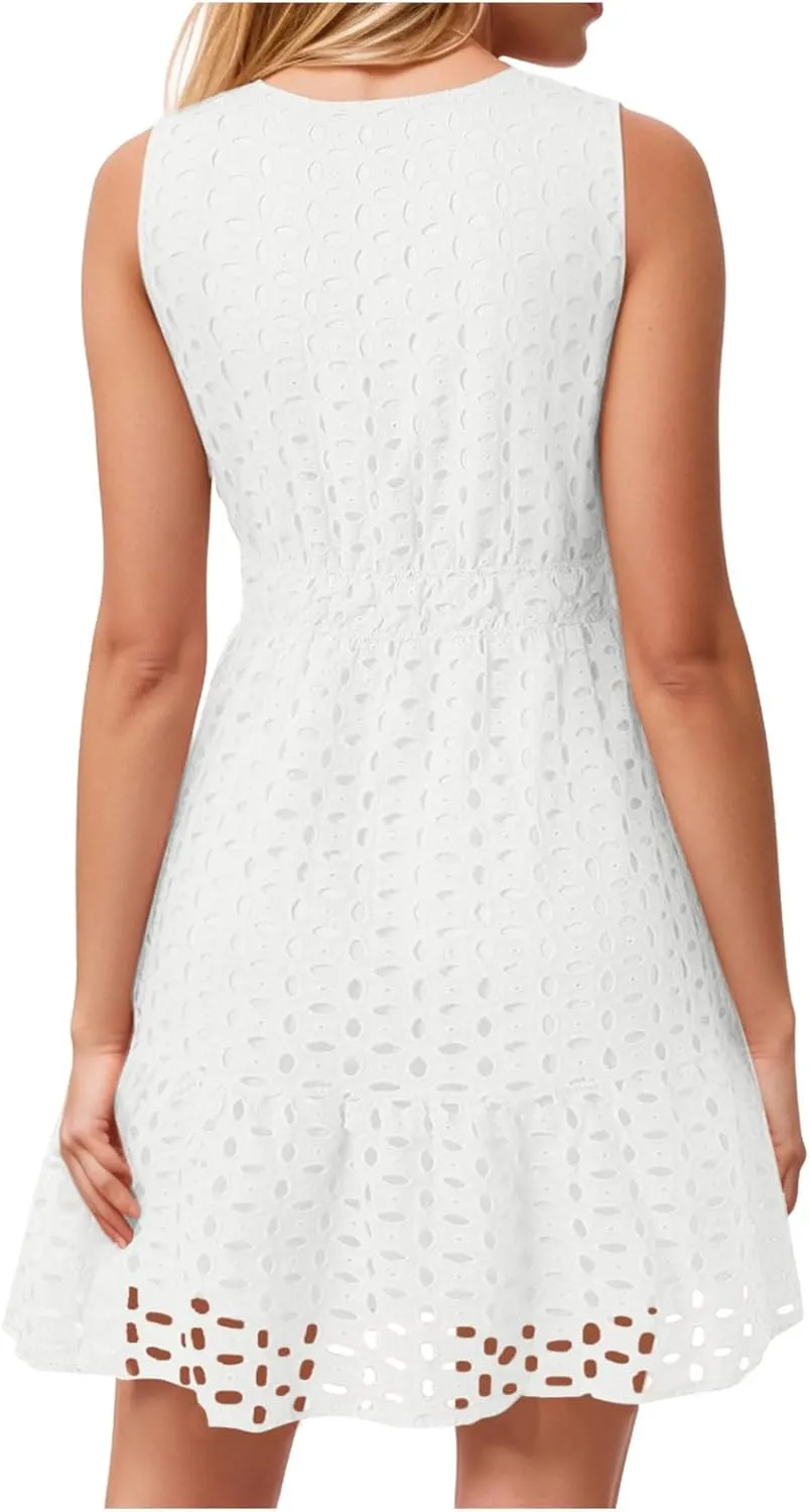 Womens Boho Summer Dresses 2025 Resort V Neck Short Sleeve Hollow Out Lace Ruffle Casual Beach Mini Vacation Dress