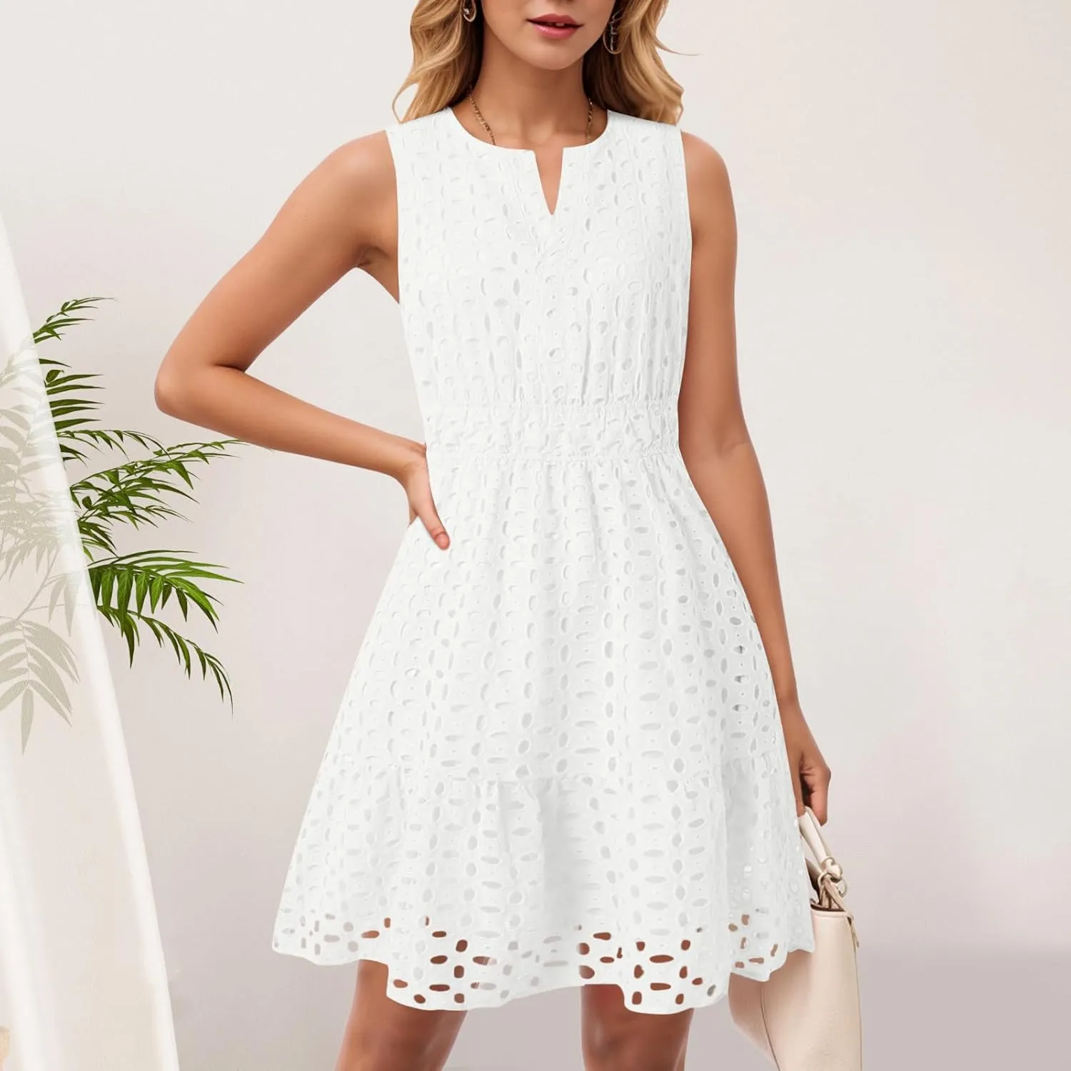 Womens Boho Summer Dresses 2025 Resort V Neck Short Sleeve Hollow Out Lace Ruffle Casual Beach Mini Vacation Dress