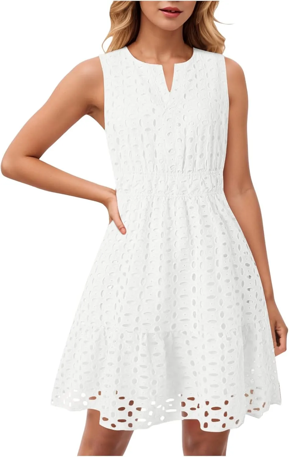 Womens Boho Summer Dresses 2025 Resort V Neck Short Sleeve Hollow Out Lace Ruffle Casual Beach Mini Vacation Dress