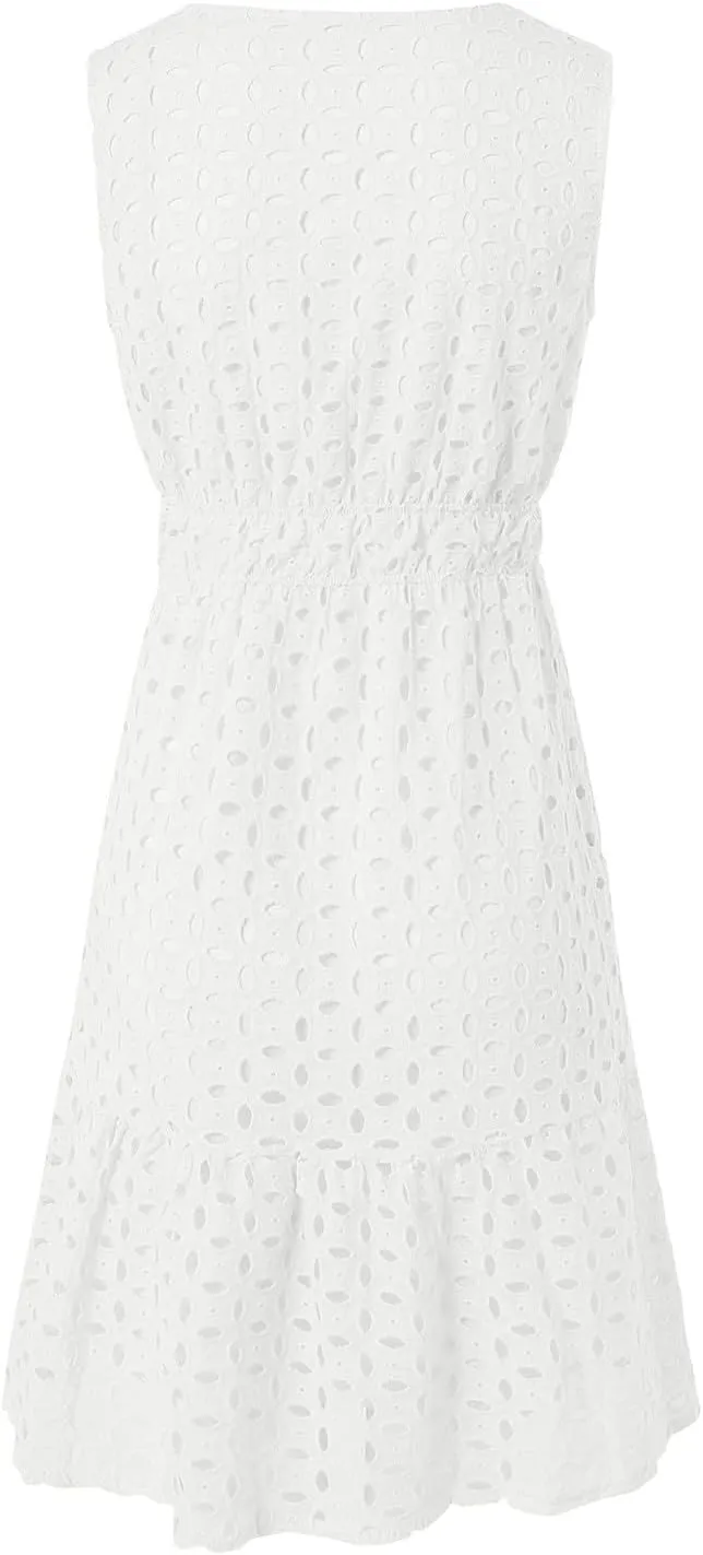 Womens Boho Summer Dresses 2025 Resort V Neck Short Sleeve Hollow Out Lace Ruffle Casual Beach Mini Vacation Dress