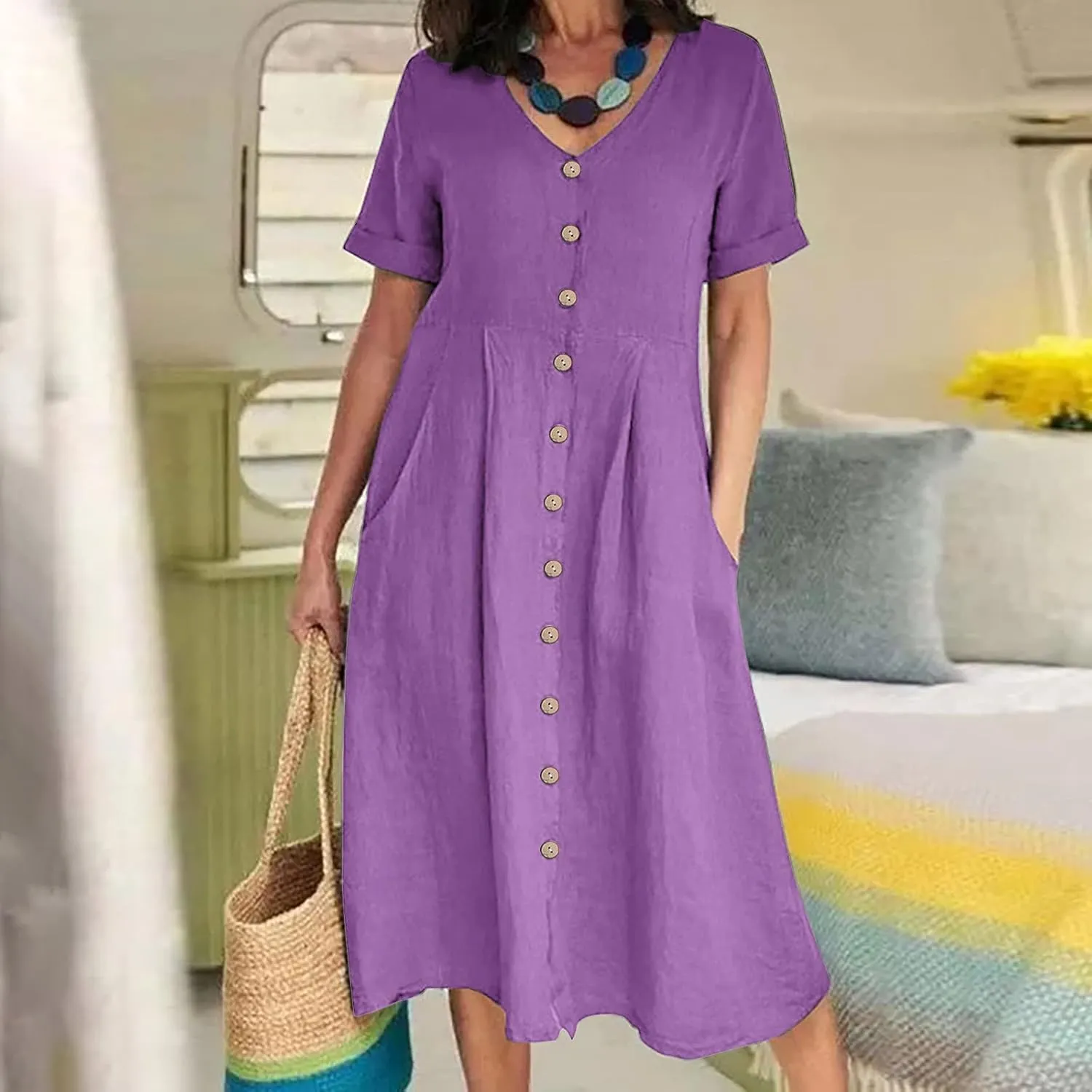 Women's Button Down Shirts Dresses with Pockets Cotton Button Up Blous Dress Casual Casual Short Sleeve Solid Clothes