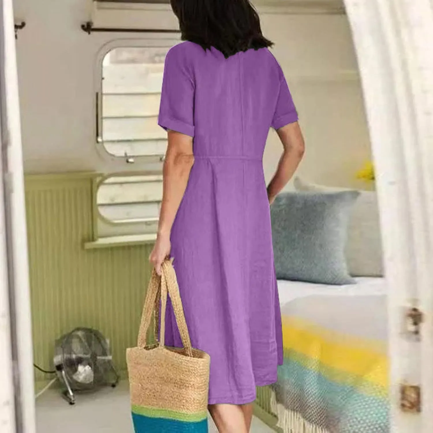 Women's Button Down Shirts Dresses with Pockets Cotton Button Up Blous Dress Casual Casual Short Sleeve Solid Clothes
