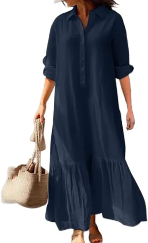 Women's Casual Button Down Cotton Linen Maxi Dress Long Sleeve Casual Lapel Flowy Dresses Loose Beach Vacation Dress