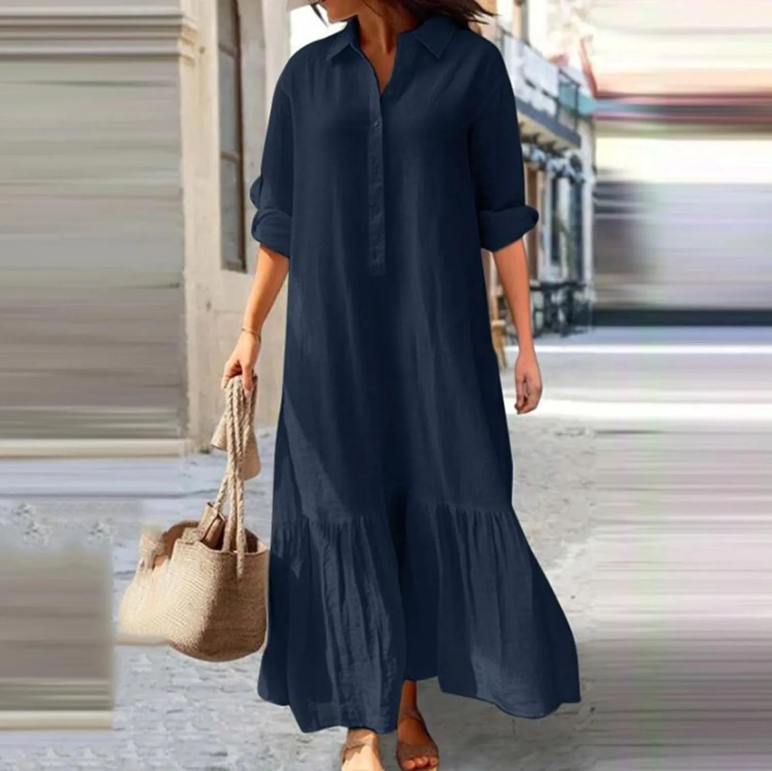 Women's Casual Button Down Cotton Linen Maxi Dress Long Sleeve Casual Lapel Flowy Dresses Loose Beach Vacation Dress