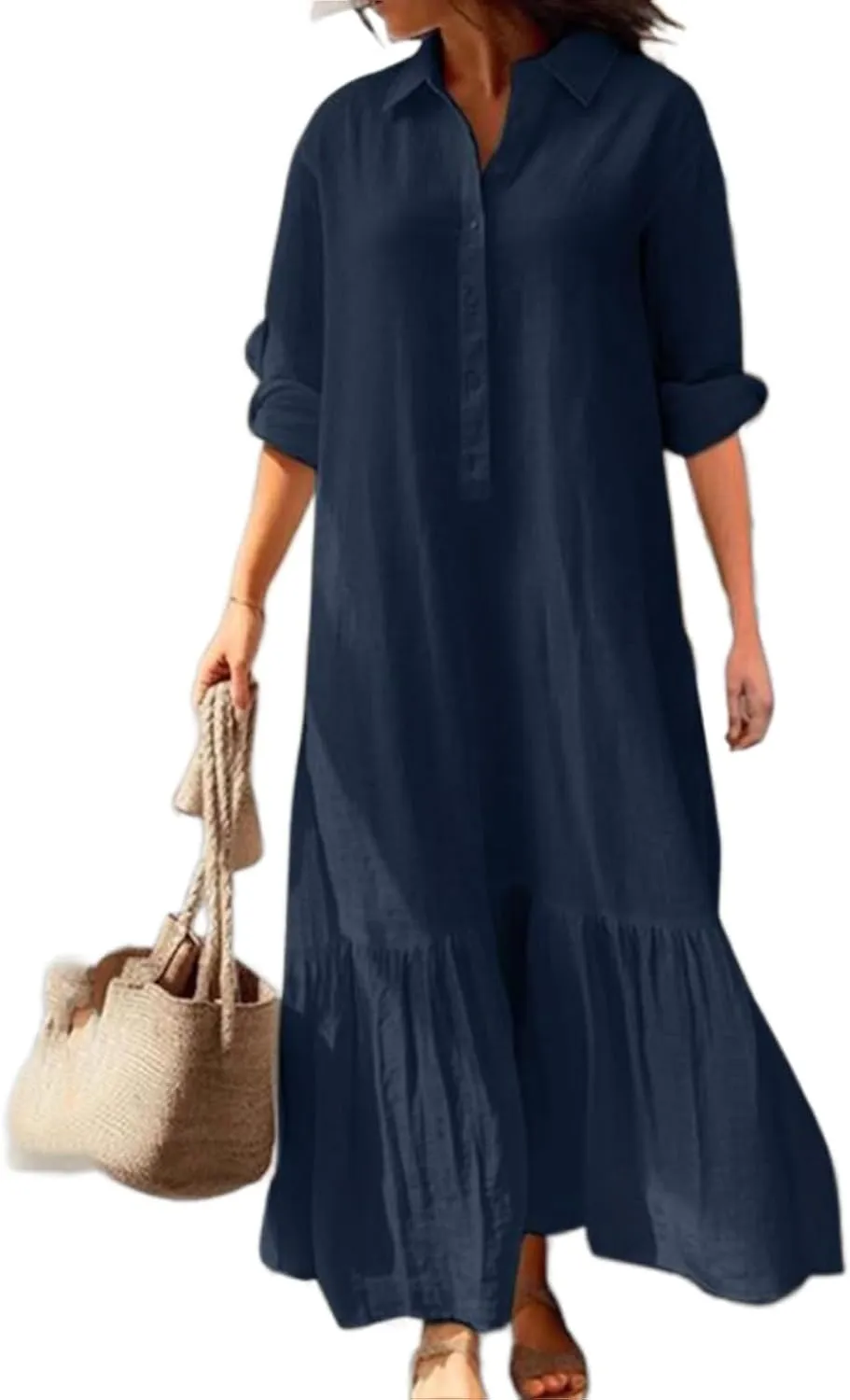 Women's Casual Button Down Cotton Linen Maxi Dress Long Sleeve Casual Lapel Flowy Dresses Loose Beach Vacation Dress
