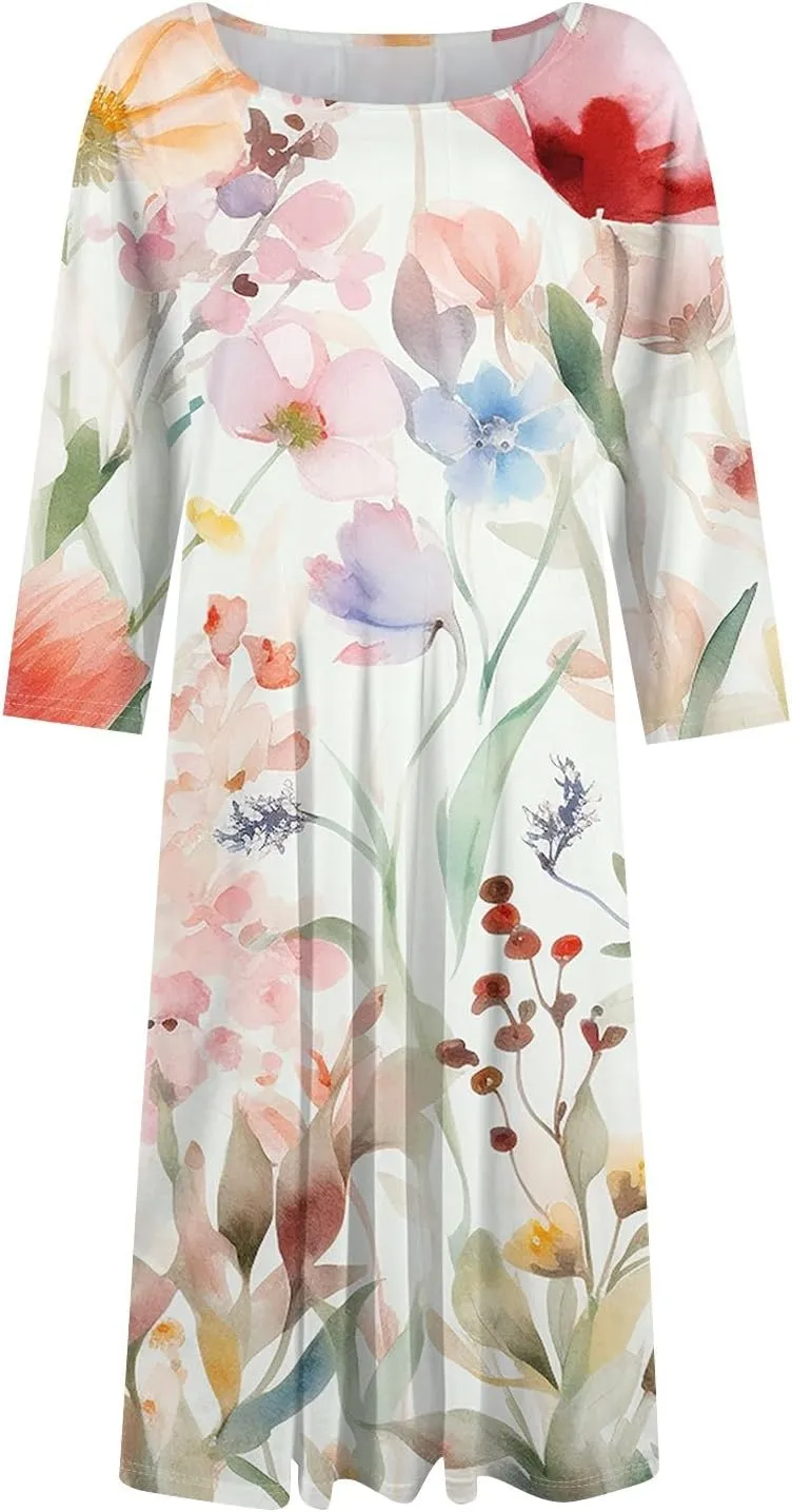 Women's Casual Dresses Summer Casual Loose Trendy 3/4 Sleeve Floral Stripe Printed Boho Dress Plus Size, S-3XL