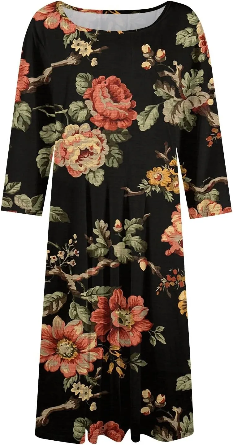 Women's Casual Dresses Summer Casual Loose Trendy 3/4 Sleeve Floral Stripe Printed Boho Dress Plus Size, S-3XL