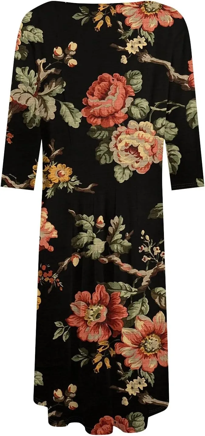 Women's Casual Dresses Summer Casual Loose Trendy 3/4 Sleeve Floral Stripe Printed Boho Dress Plus Size, S-3XL