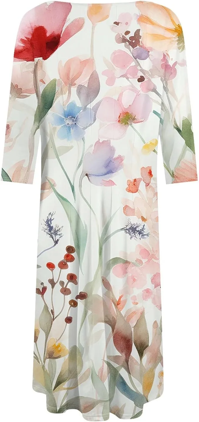 Women's Casual Dresses Summer Casual Loose Trendy 3/4 Sleeve Floral Stripe Printed Boho Dress Plus Size, S-3XL