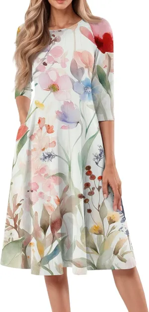 Women's Casual Dresses Summer Casual Loose Trendy 3/4 Sleeve Floral Stripe Printed Boho Dress Plus Size, S-3XL