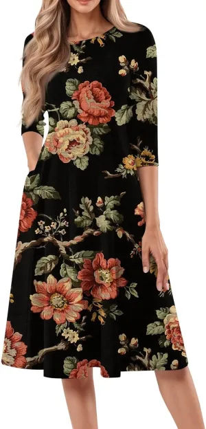 Women's Casual Dresses Summer Casual Loose Trendy 3/4 Sleeve Floral Stripe Printed Boho Dress Plus Size, S-3XL