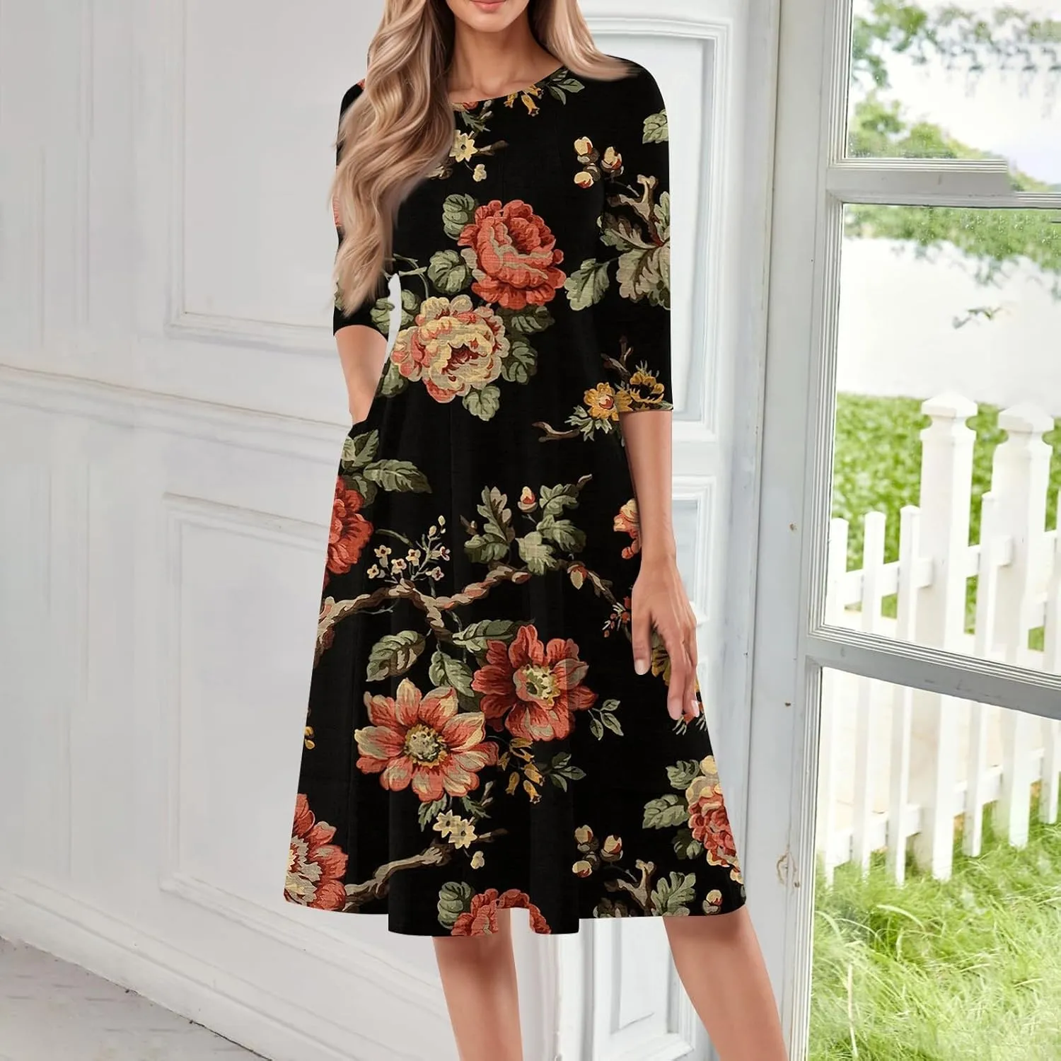 Women's Casual Dresses Summer Casual Loose Trendy 3/4 Sleeve Floral Stripe Printed Boho Dress Plus Size, S-3XL