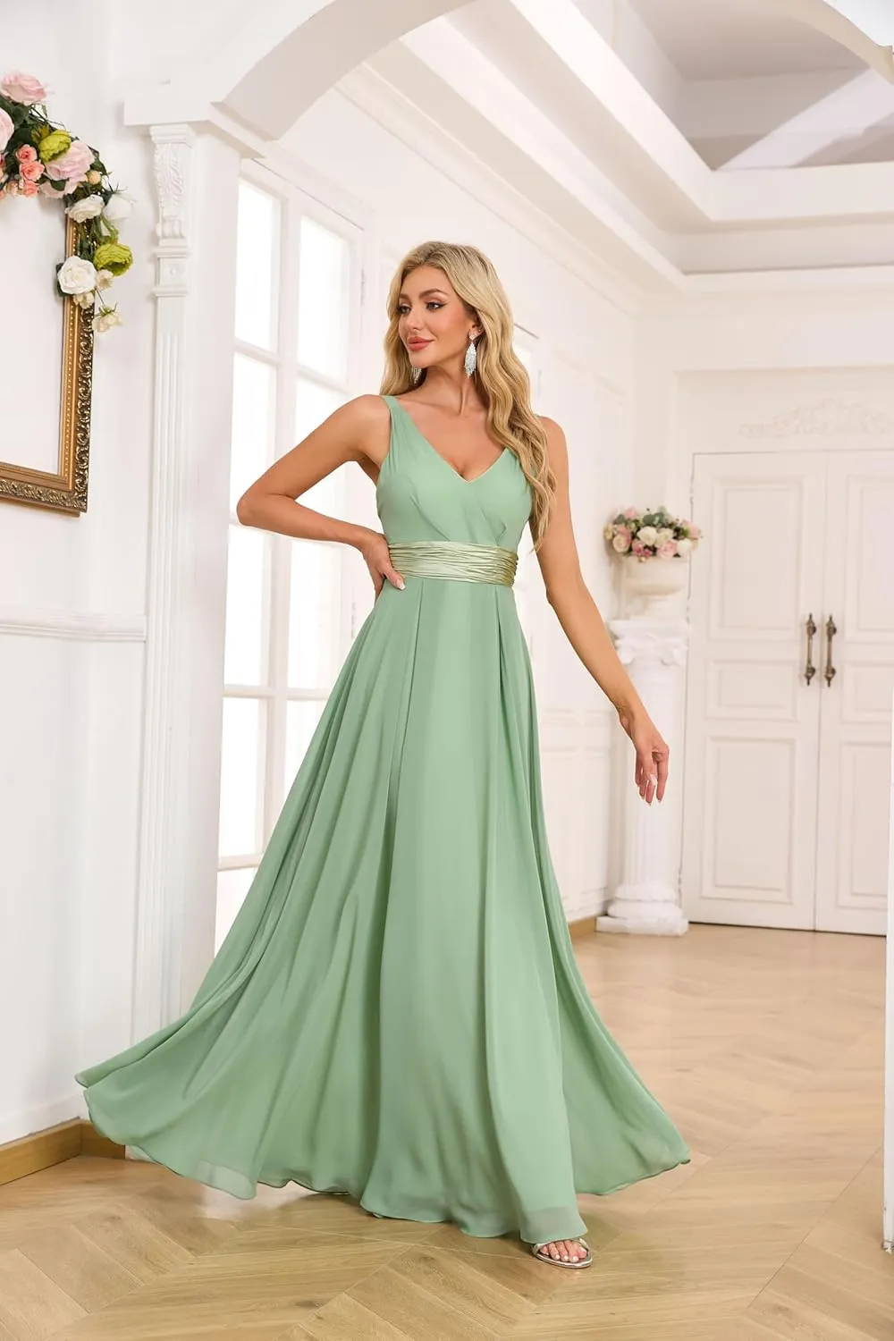Women's Chiffon Bridesmaid Dresses with Slit V Neck Ruched Pleated Mother of Bride Dresses EA020