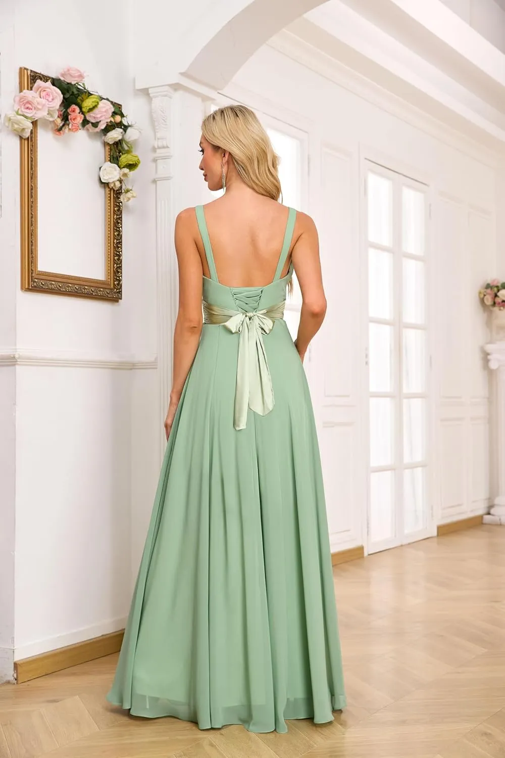 Women's Chiffon Bridesmaid Dresses with Slit V Neck Ruched Pleated Mother of Bride Dresses EA020