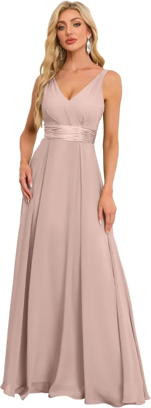 Women's Chiffon Bridesmaid Dresses with Slit V Neck Ruched Pleated Mother of Bride Dresses EA020