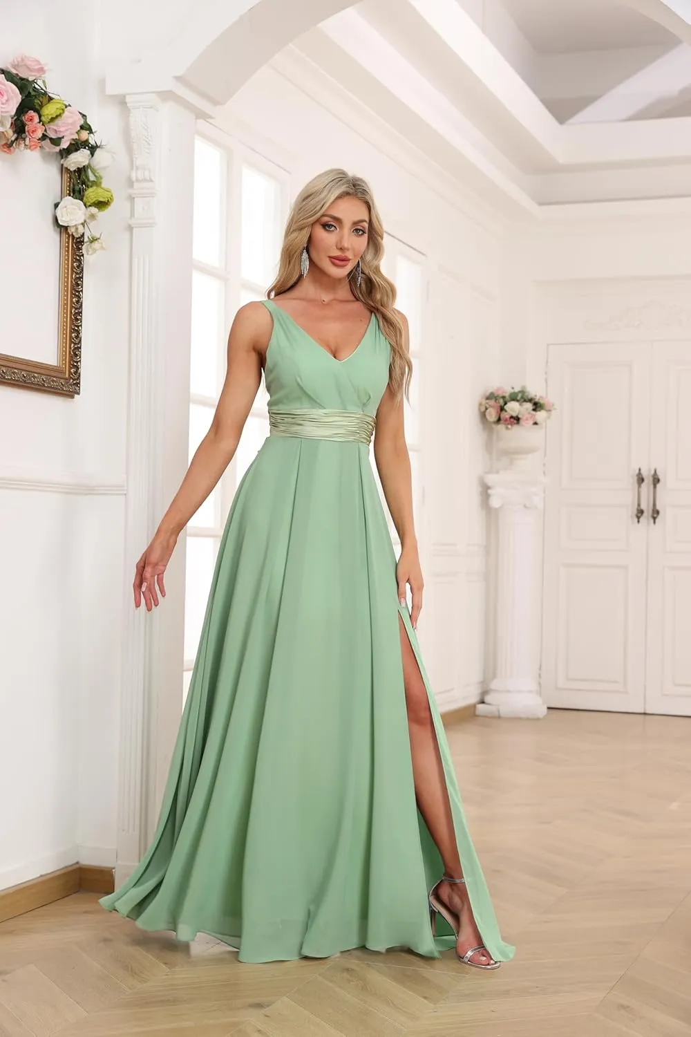 Women's Chiffon Bridesmaid Dresses with Slit V Neck Ruched Pleated Mother of Bride Dresses EA020