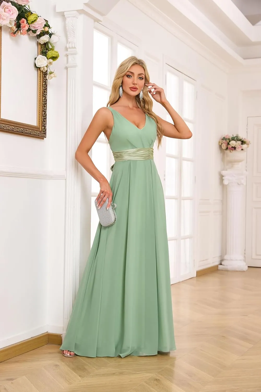 Women's Chiffon Bridesmaid Dresses with Slit V Neck Ruched Pleated Mother of Bride Dresses EA020