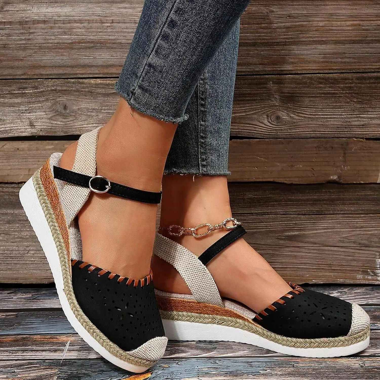 Women's Closed Toe Elastic Ankle Strap Espadrilles Wedge Sandals Orthopedic Comfortable Summer Dress Hollow Out Arch Wedge Platform Sandal Slip on Casual Beach Outdoor Wedding Espadrilles Footwear