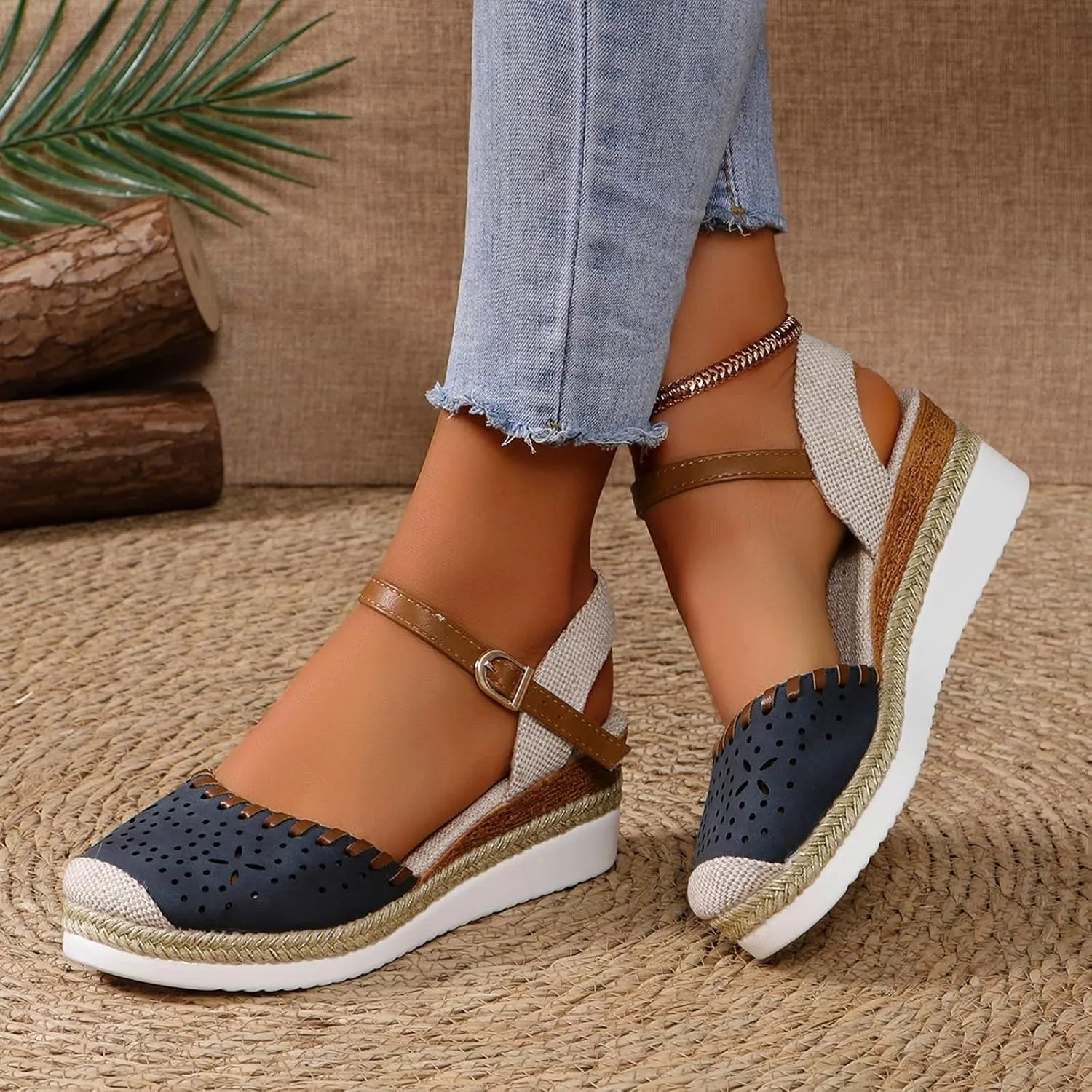 Women's Closed Toe Elastic Ankle Strap Espadrilles Wedge Sandals Orthopedic Comfortable Summer Dress Hollow Out Arch Wedge Platform Sandal Slip on Casual Beach Outdoor Wedding Espadrilles Footwear