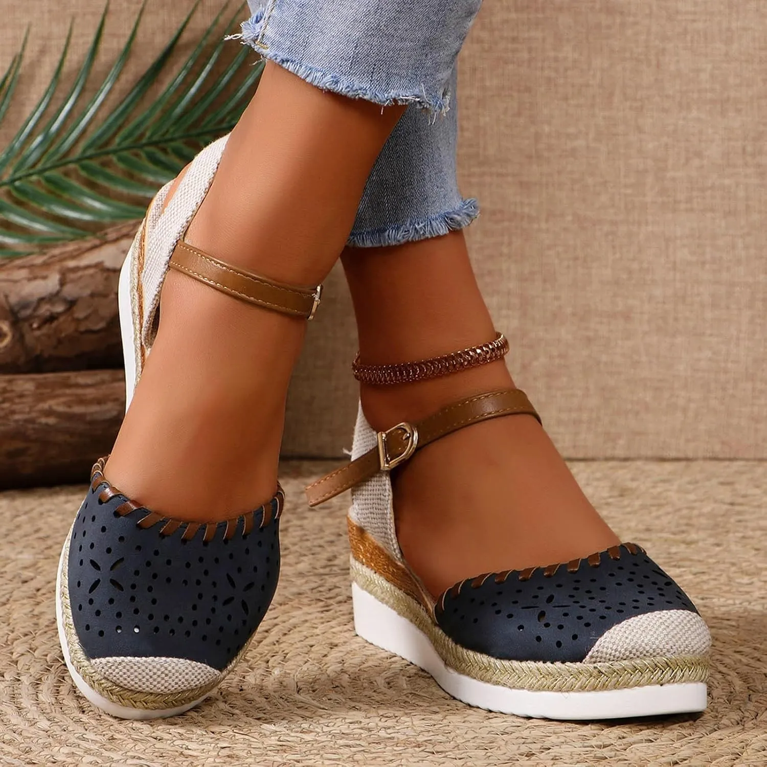 Women's Closed Toe Elastic Ankle Strap Espadrilles Wedge Sandals Orthopedic Comfortable Summer Dress Hollow Out Arch Wedge Platform Sandal Slip on Casual Beach Outdoor Wedding Espadrilles Footwear