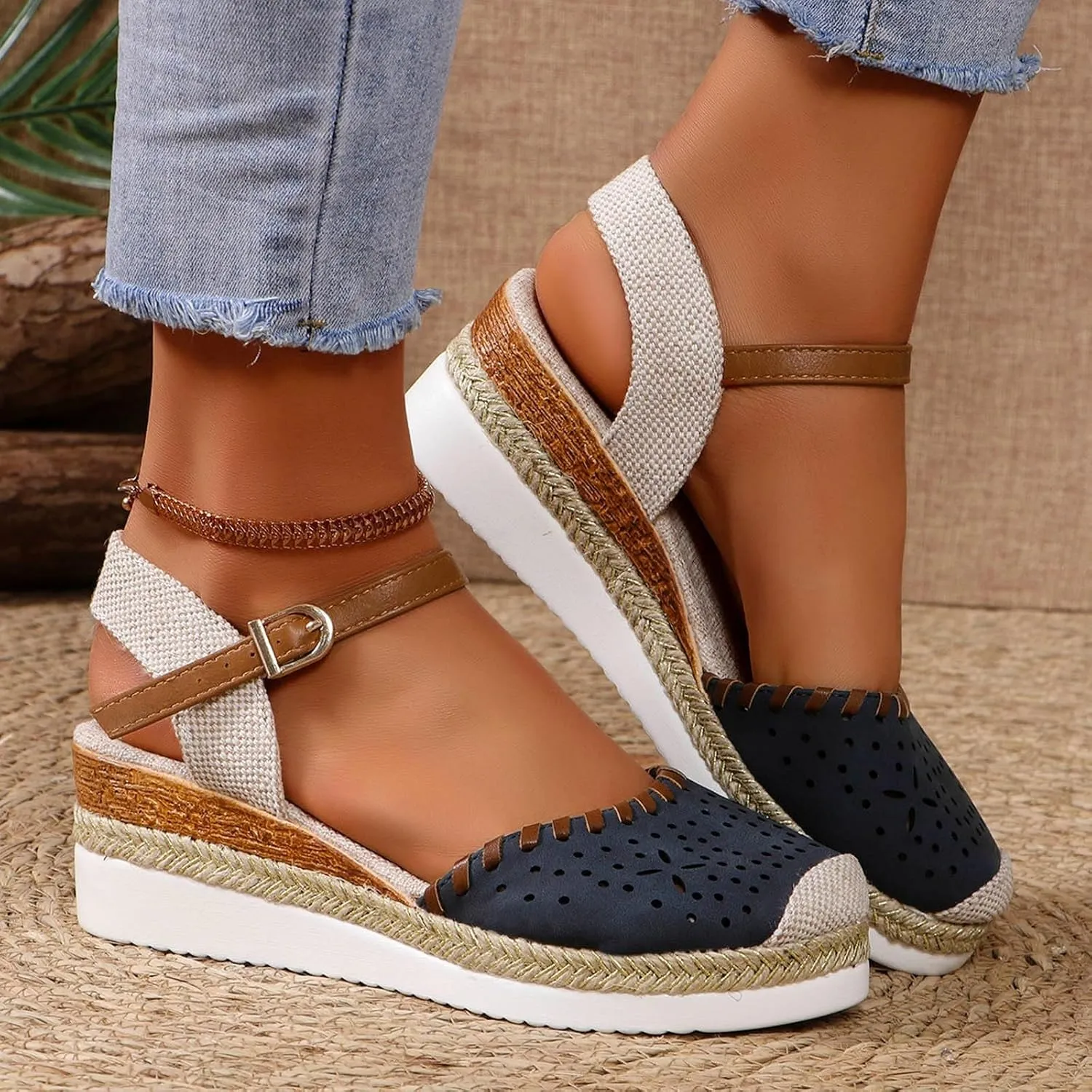 Women's Closed Toe Elastic Ankle Strap Espadrilles Wedge Sandals Orthopedic Comfortable Summer Dress Hollow Out Arch Wedge Platform Sandal Slip on Casual Beach Outdoor Wedding Espadrilles Footwear