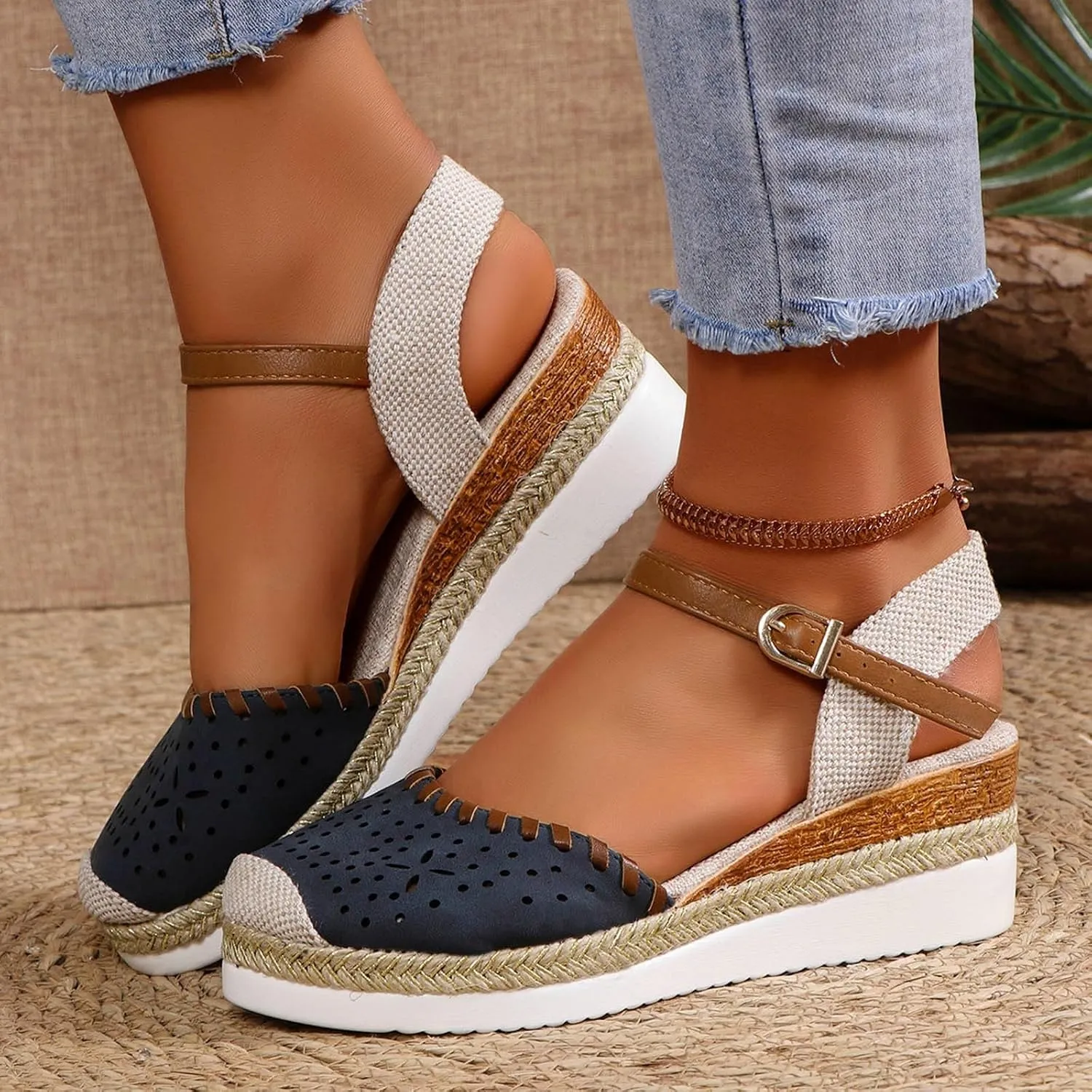 Women's Closed Toe Elastic Ankle Strap Espadrilles Wedge Sandals Orthopedic Comfortable Summer Dress Hollow Out Arch Wedge Platform Sandal Slip on Casual Beach Outdoor Wedding Espadrilles Footwear