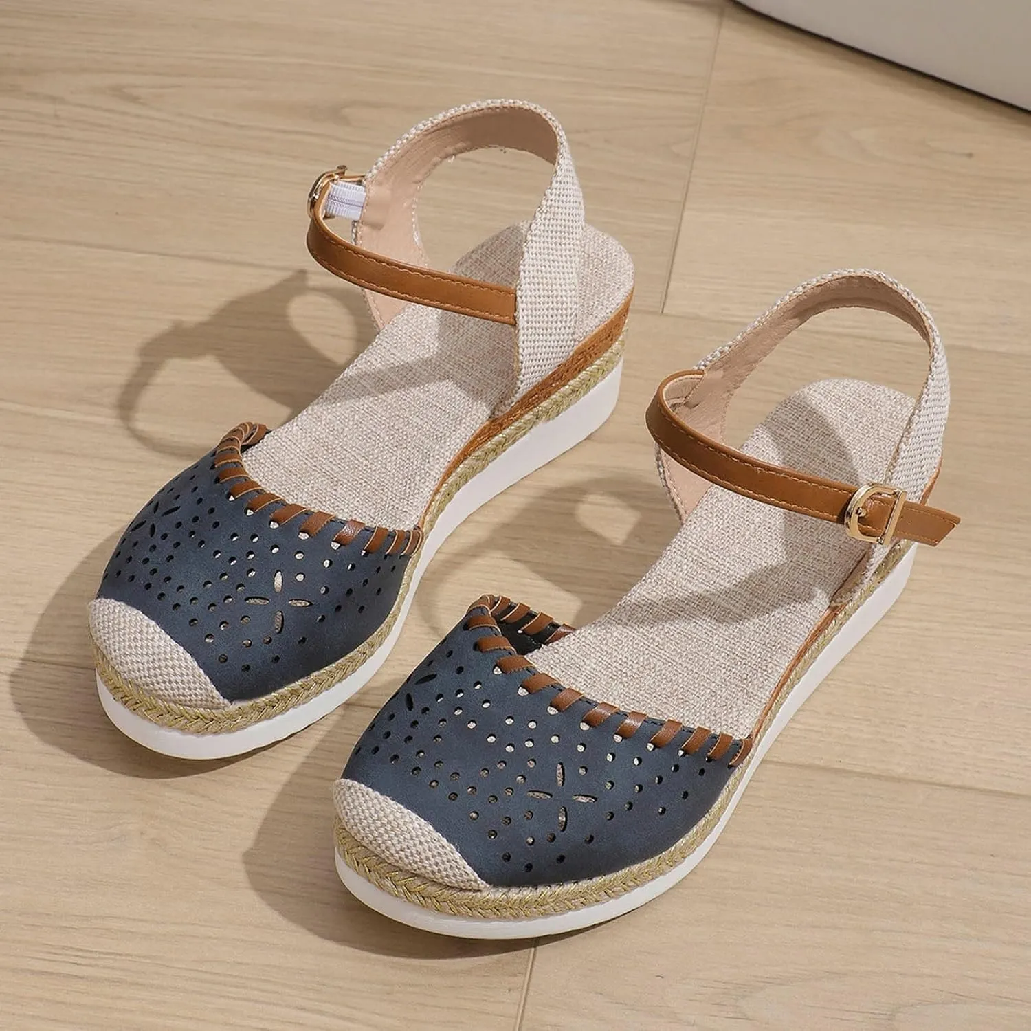 Women's Closed Toe Elastic Ankle Strap Espadrilles Wedge Sandals Orthopedic Comfortable Summer Dress Hollow Out Arch Wedge Platform Sandal Slip on Casual Beach Outdoor Wedding Espadrilles Footwear