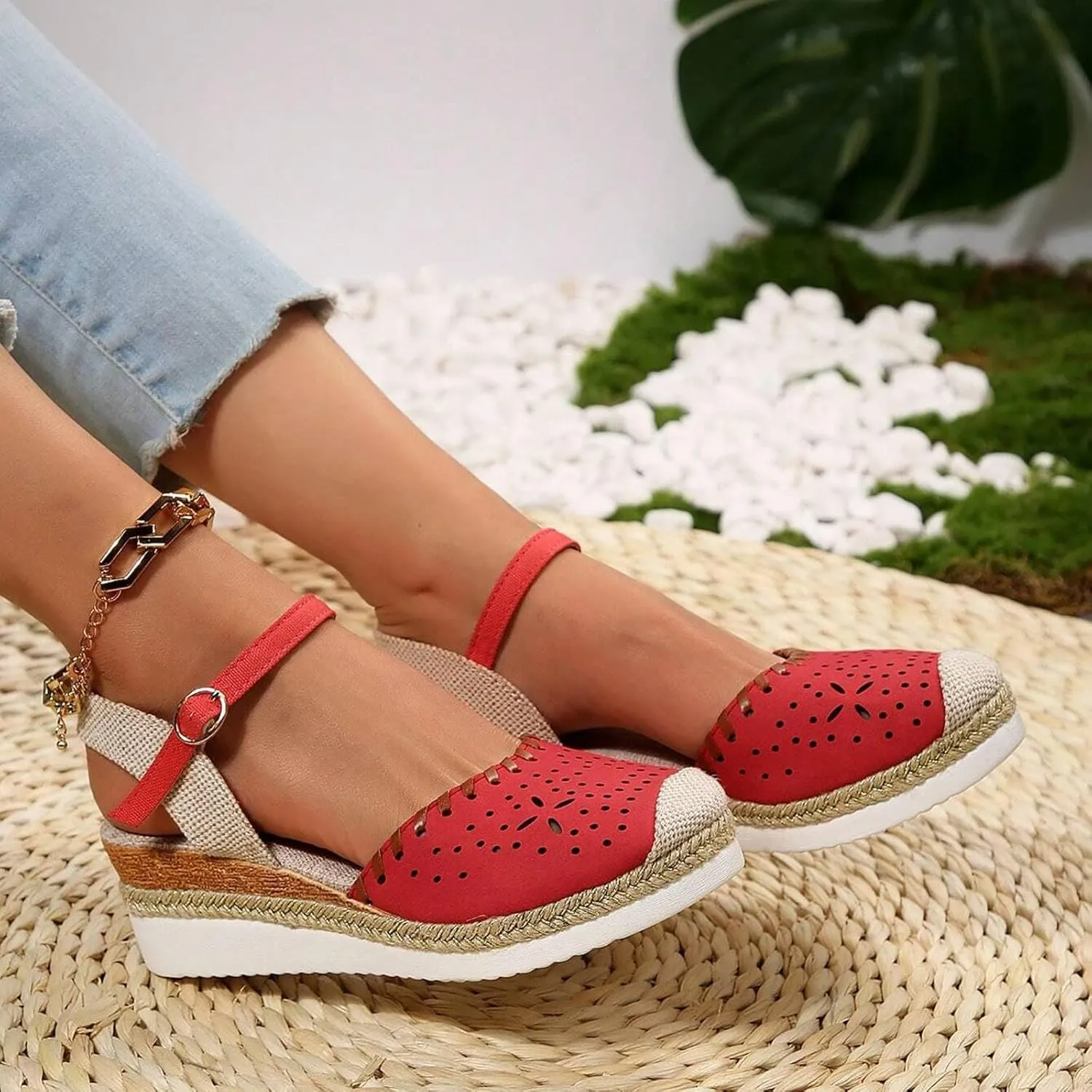 Women's Closed Toe Elastic Ankle Strap Espadrilles Wedge Sandals Orthopedic Comfortable Summer Dress Hollow Out Arch Wedge Platform Sandal Slip on Casual Beach Outdoor Wedding Espadrilles Footwear