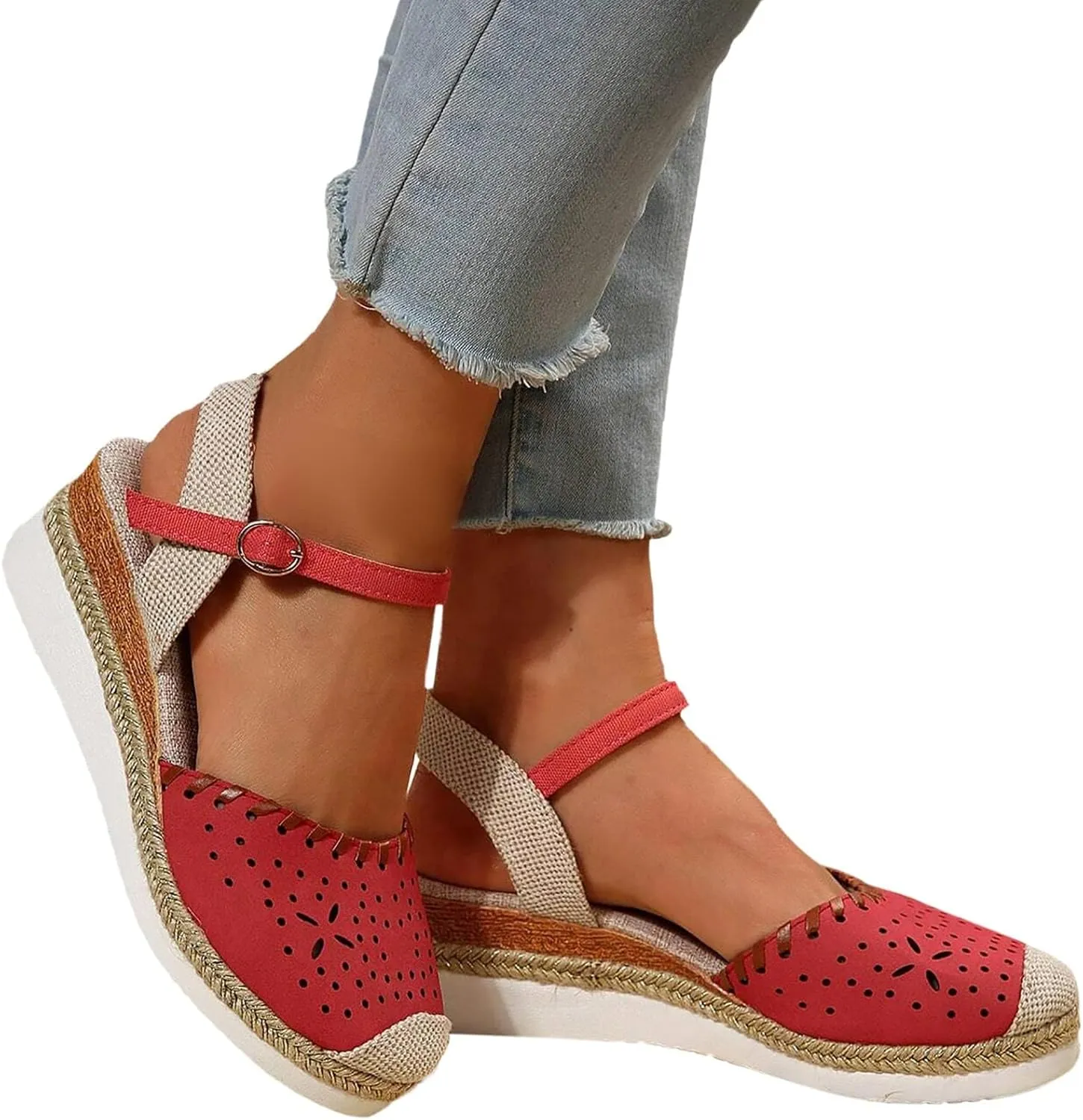 Women's Closed Toe Elastic Ankle Strap Espadrilles Wedge Sandals Orthopedic Comfortable Summer Dress Hollow Out Arch Wedge Platform Sandal Slip on Casual Beach Outdoor Wedding Espadrilles Footwear