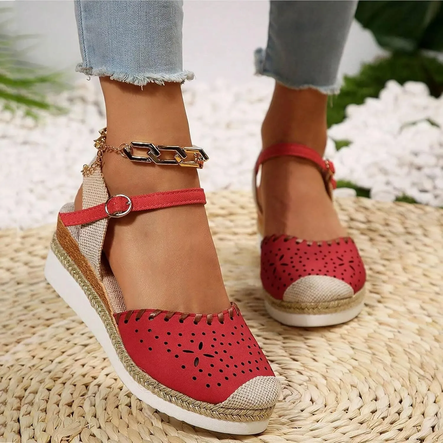 Women's Closed Toe Elastic Ankle Strap Espadrilles Wedge Sandals Orthopedic Comfortable Summer Dress Hollow Out Arch Wedge Platform Sandal Slip on Casual Beach Outdoor Wedding Espadrilles Footwear