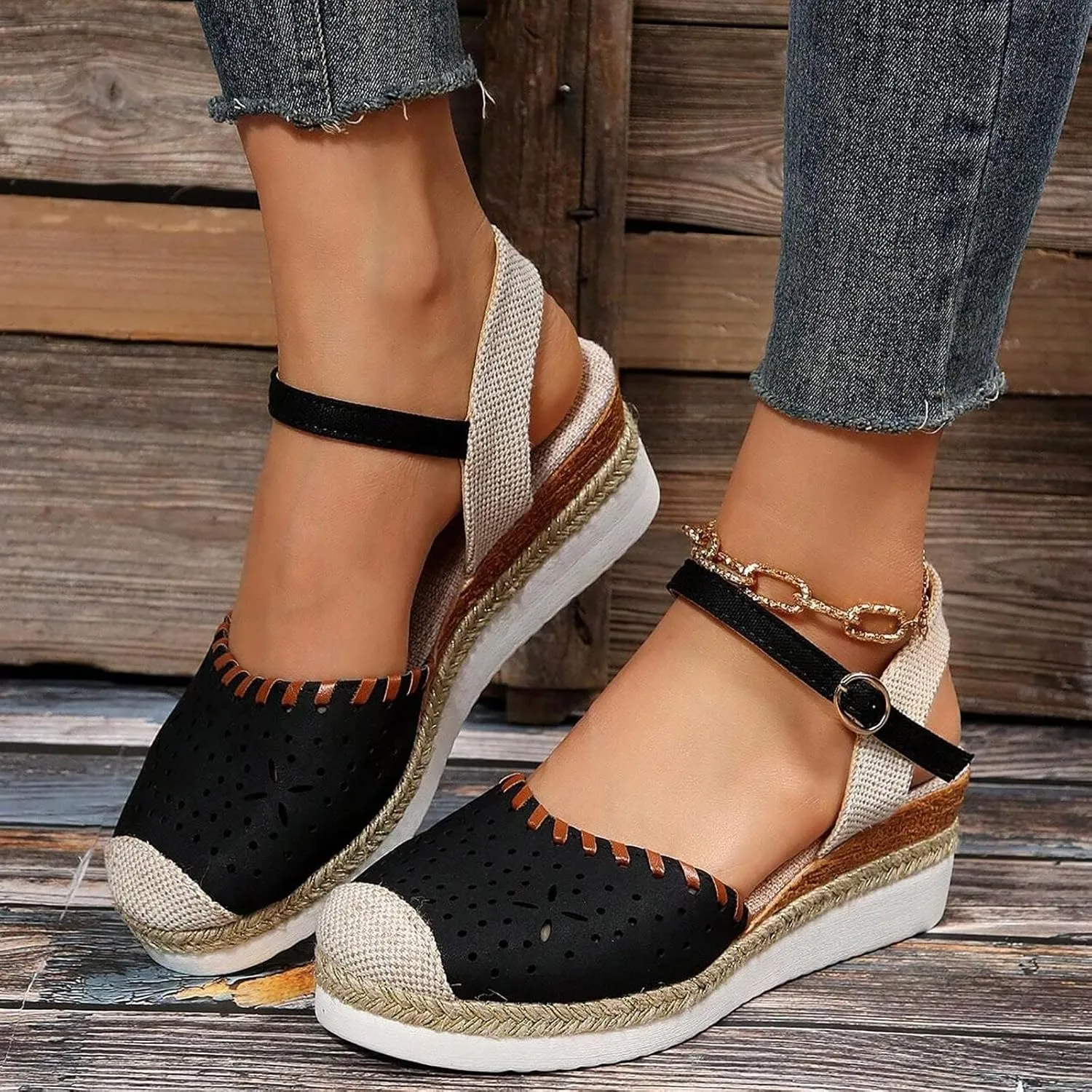 Women's Closed Toe Elastic Ankle Strap Espadrilles Wedge Sandals Orthopedic Comfortable Summer Dress Hollow Out Arch Wedge Platform Sandal Slip on Casual Beach Outdoor Wedding Espadrilles Footwear