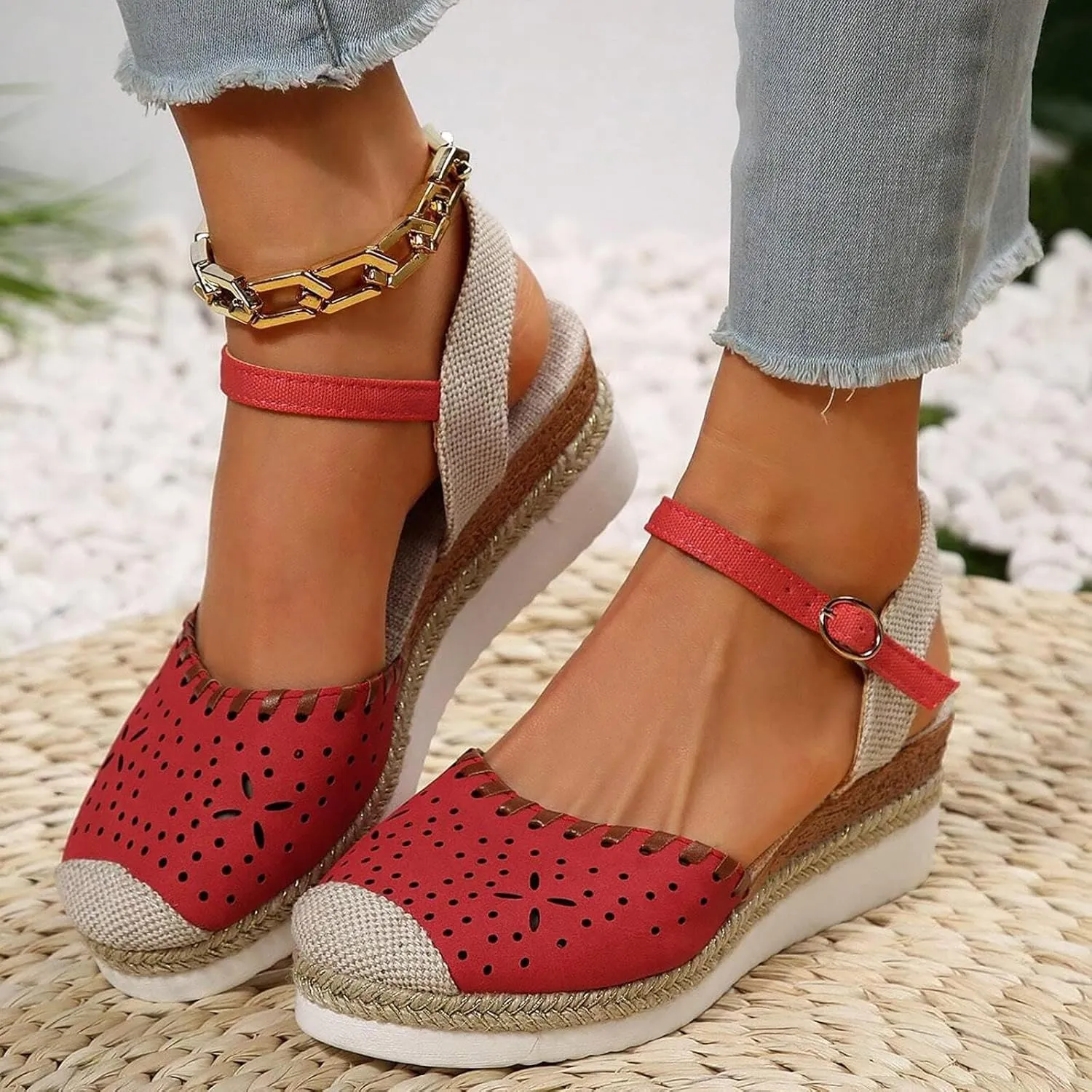 Women's Closed Toe Elastic Ankle Strap Espadrilles Wedge Sandals Orthopedic Comfortable Summer Dress Hollow Out Arch Wedge Platform Sandal Slip on Casual Beach Outdoor Wedding Espadrilles Footwear