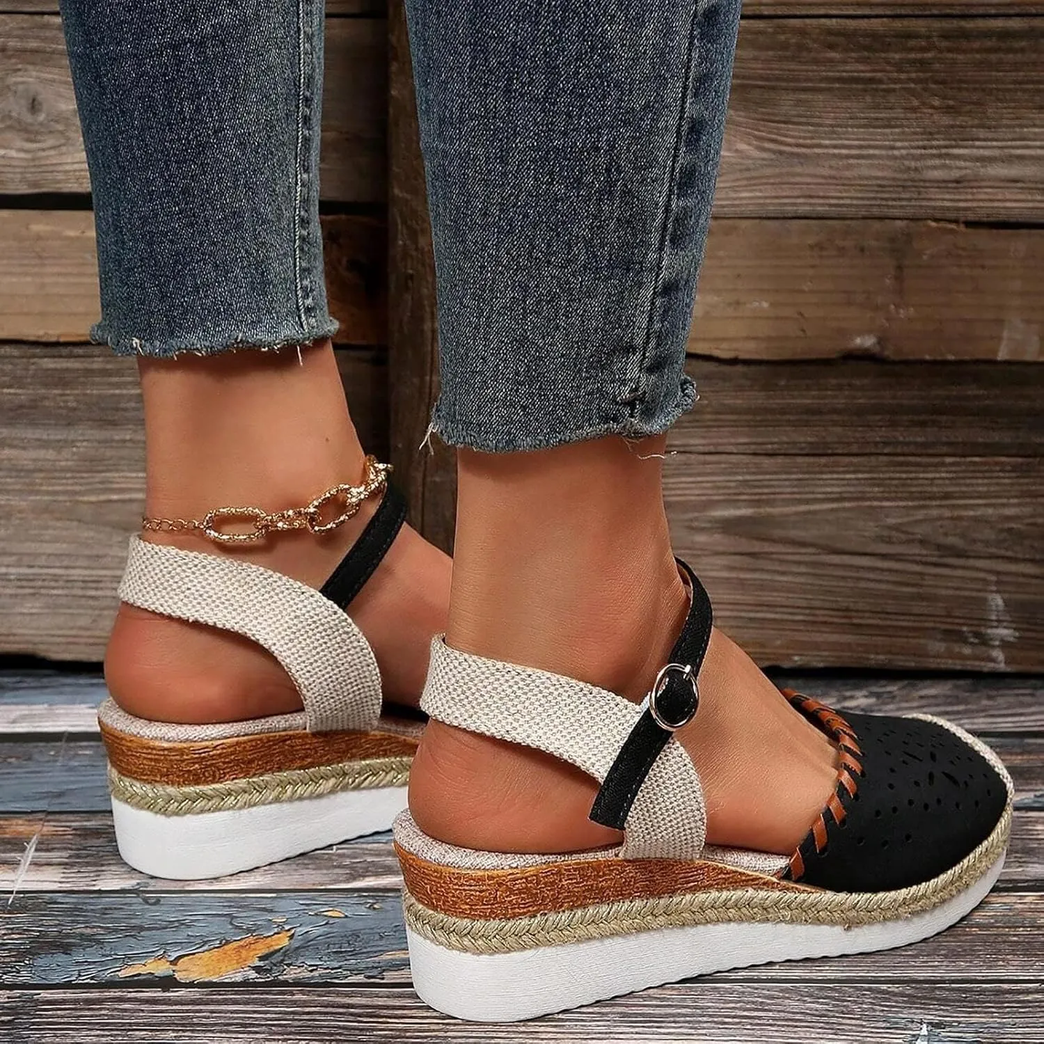 Women's Closed Toe Elastic Ankle Strap Espadrilles Wedge Sandals Orthopedic Comfortable Summer Dress Hollow Out Arch Wedge Platform Sandal Slip on Casual Beach Outdoor Wedding Espadrilles Footwear