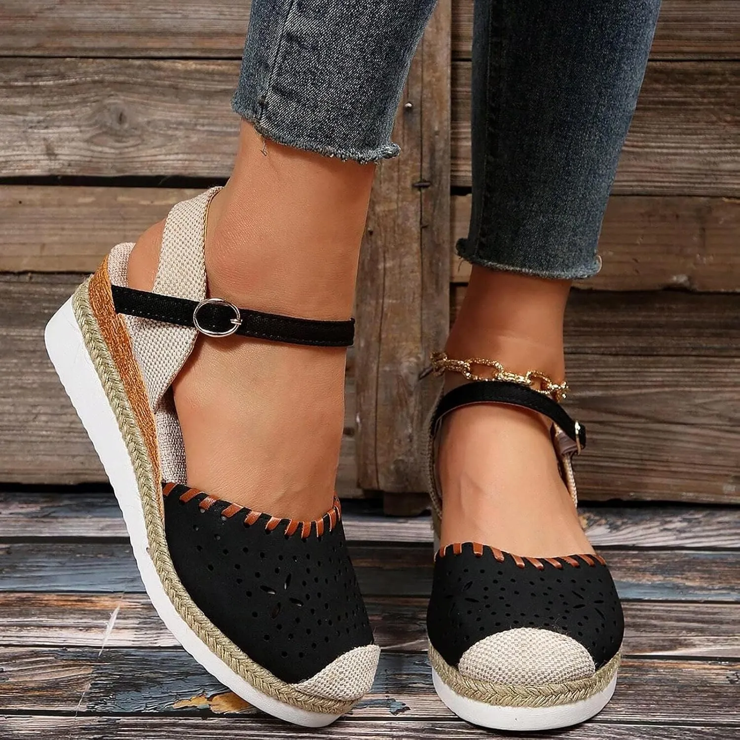 Women's Closed Toe Elastic Ankle Strap Espadrilles Wedge Sandals Orthopedic Comfortable Summer Dress Hollow Out Arch Wedge Platform Sandal Slip on Casual Beach Outdoor Wedding Espadrilles Footwear