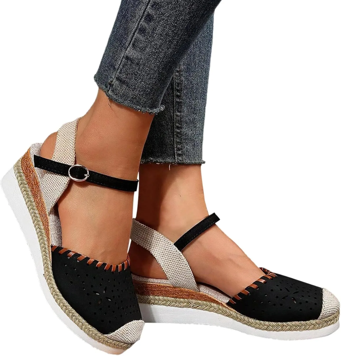 Women's Closed Toe Elastic Ankle Strap Espadrilles Wedge Sandals Orthopedic Comfortable Summer Dress Hollow Out Arch Wedge Platform Sandal Slip on Casual Beach Outdoor Wedding Espadrilles Footwear
